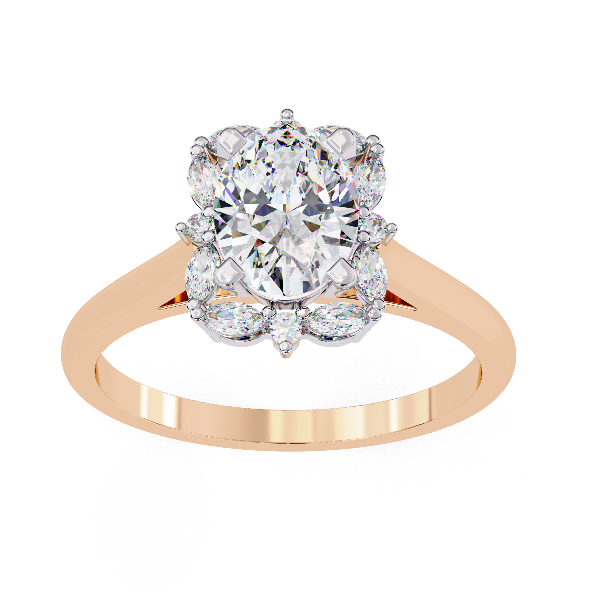 Unique Cluster Diamond Ring with Oval Center and Marquise Petals6