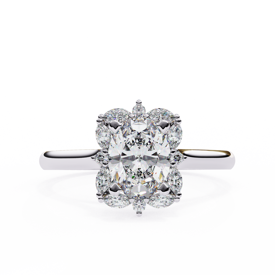 Unique Cluster Diamond Ring with Oval Center and Marquise Petals8