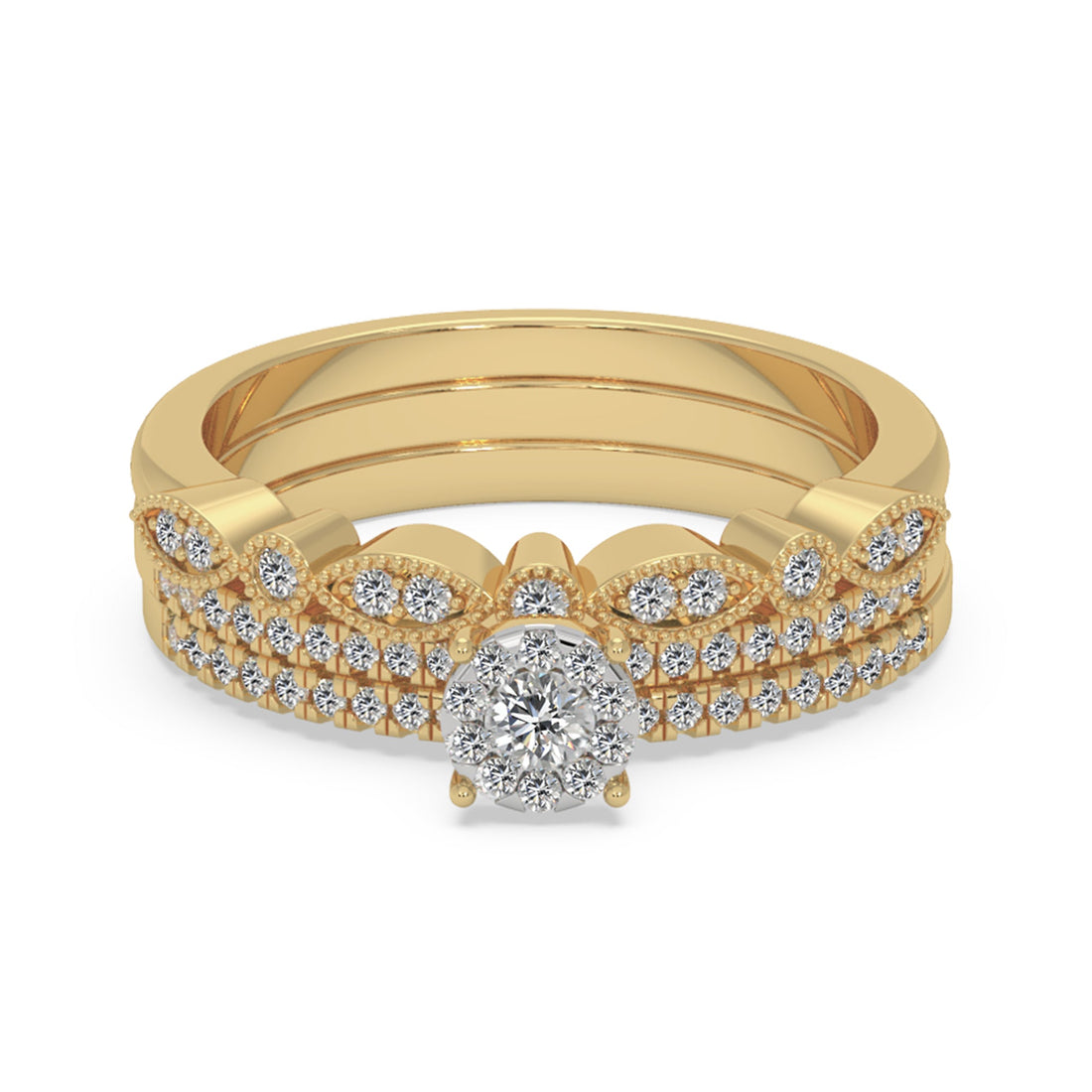 Vintage-Style Lab-Grown Diamond Bridal Set – Scalloped Band