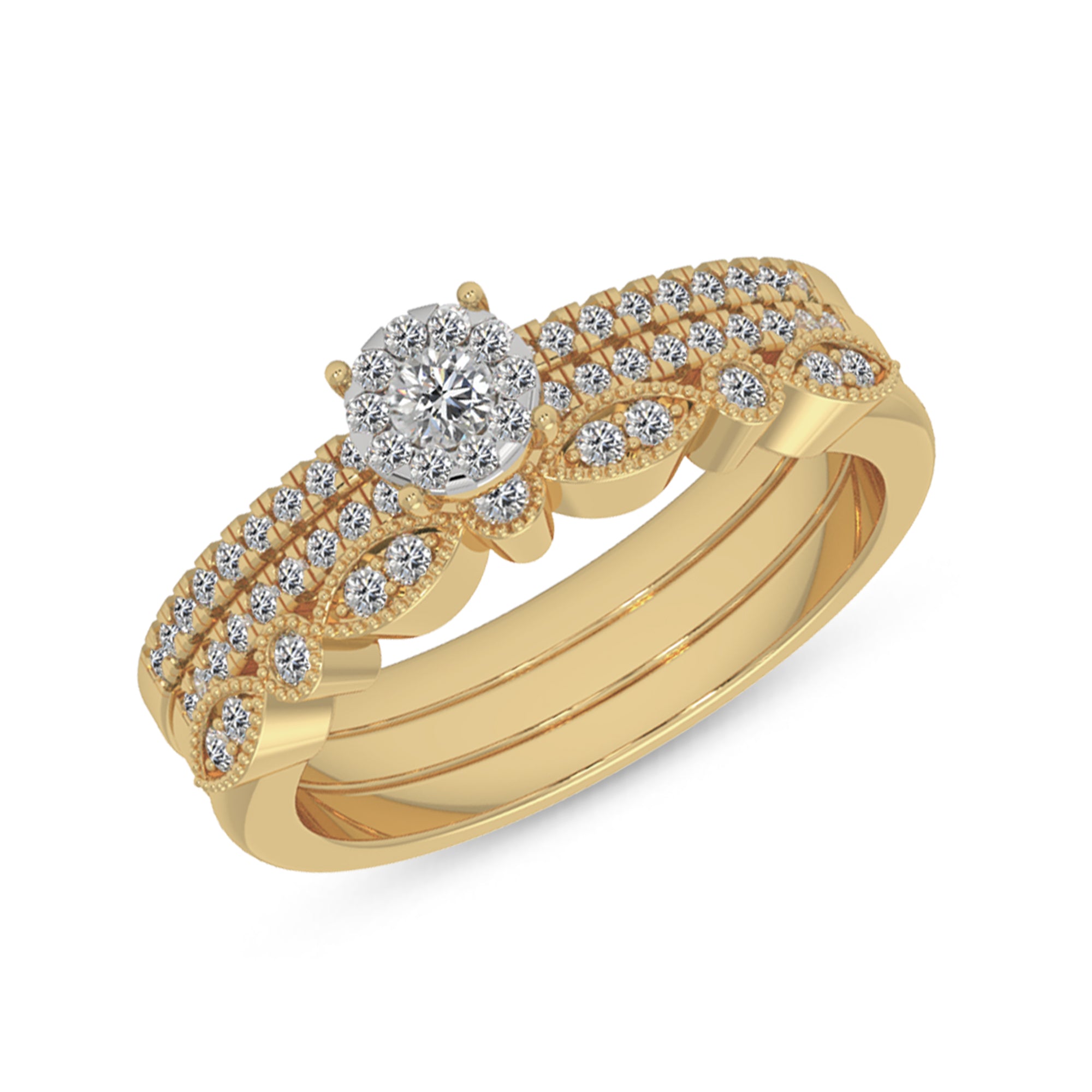 Vintage-Style Lab-Grown Diamond Bridal Set – Scalloped Band