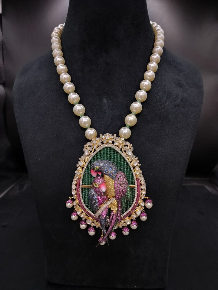 Statement Lab-Grown Polki Parrot Necklace with Emerald & Ruby Accents
