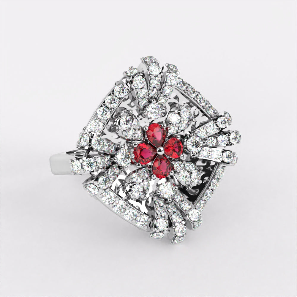 Red Floret Diamond Ring in 925 Silver