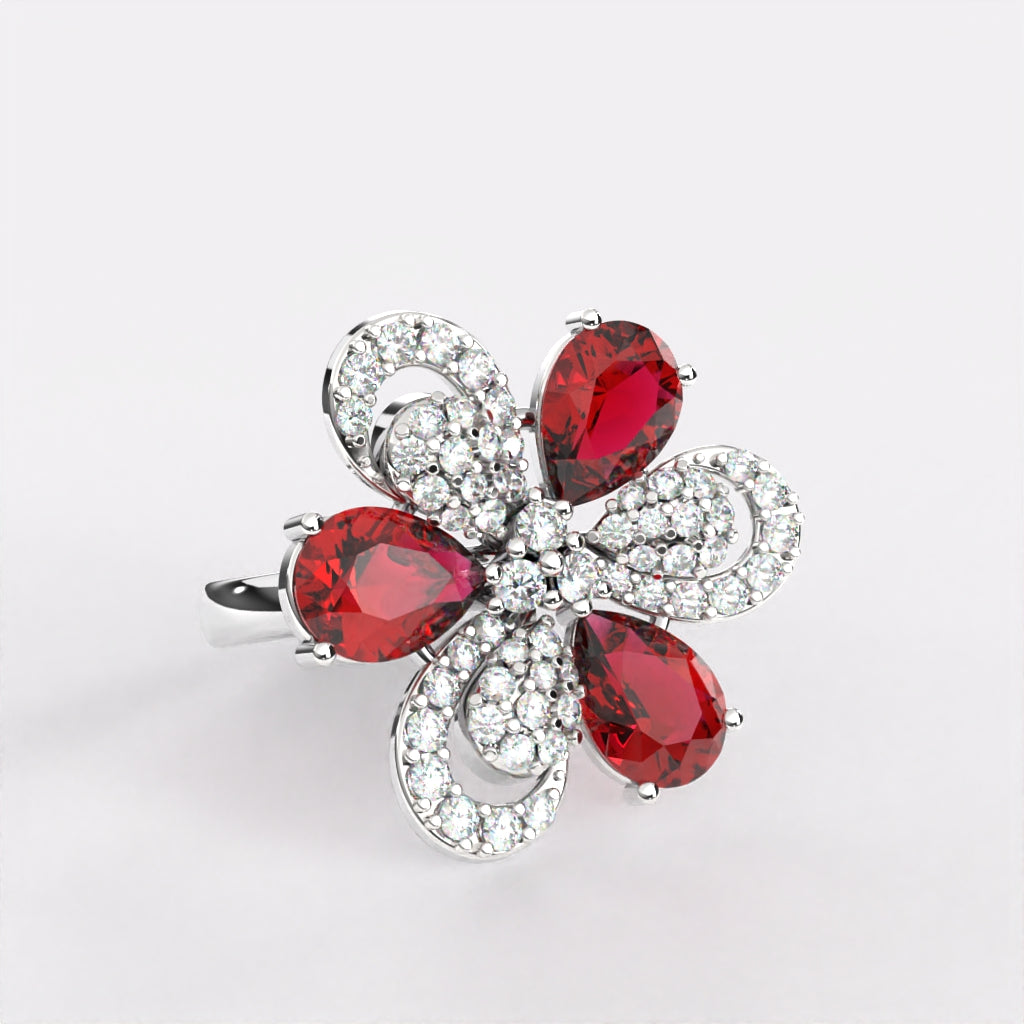 Red Petal Diamond Ring in 925 Silver
