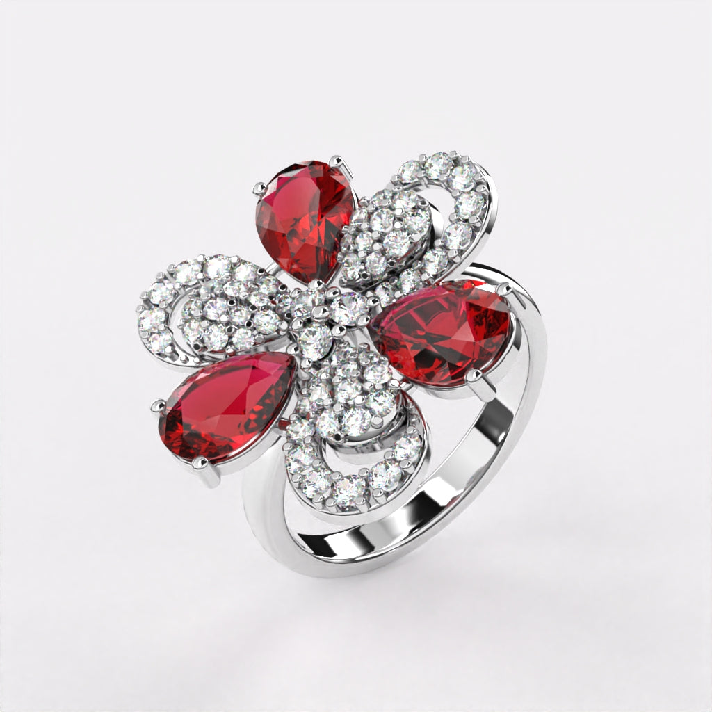 Red Petal Diamond Ring in 925 Silver