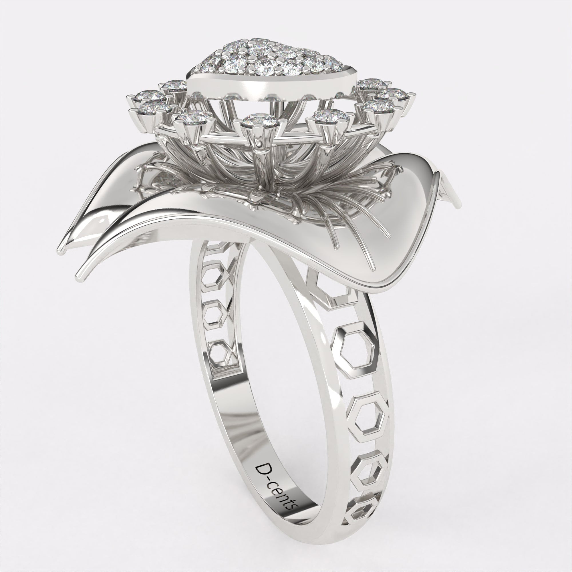 Golden Heart Diamond Ring in 925 Silver